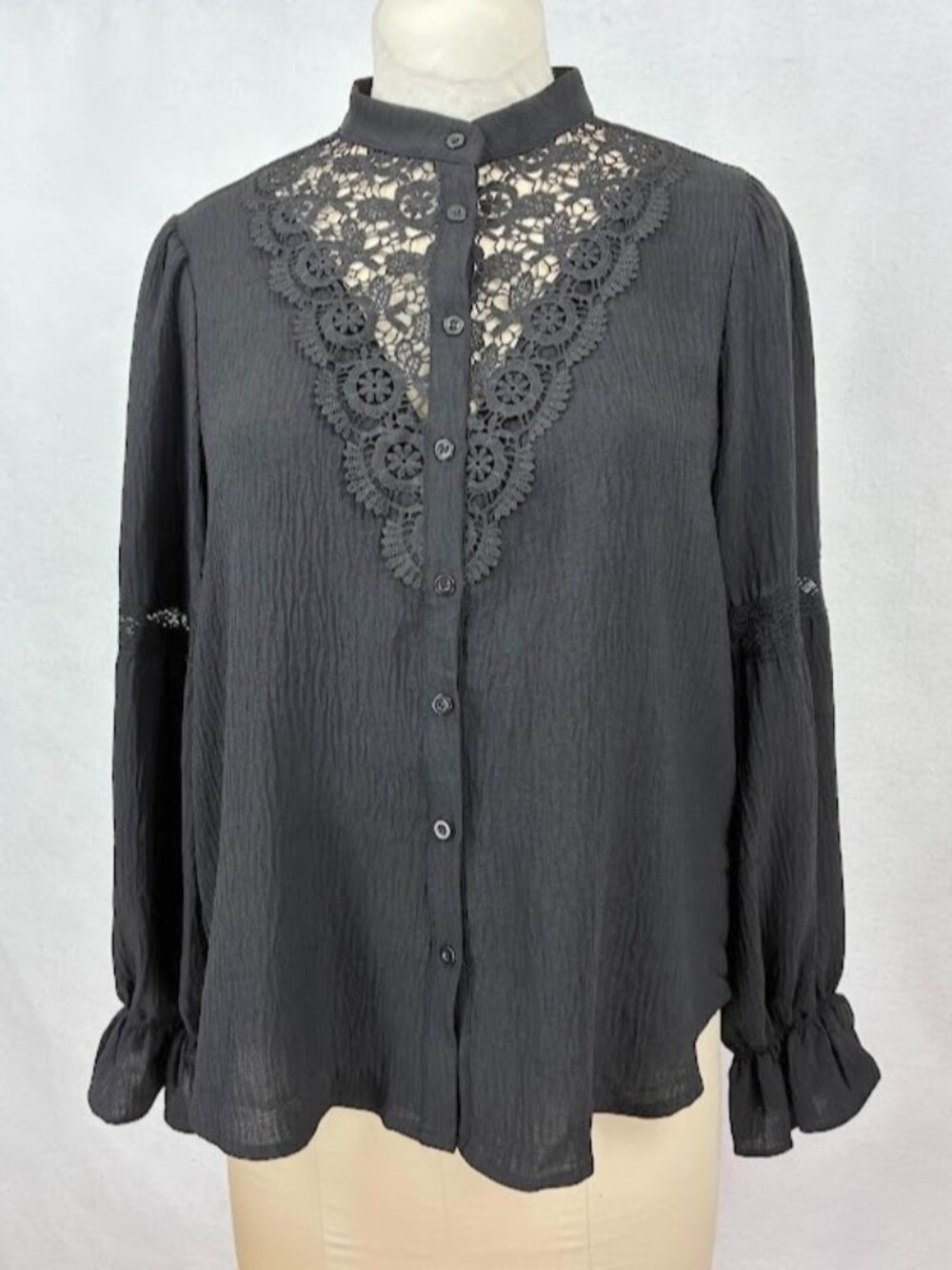 Grace Karin Button Up Shirt Open Lace Detail Balloon Sleeve Dark Academia NWT XL